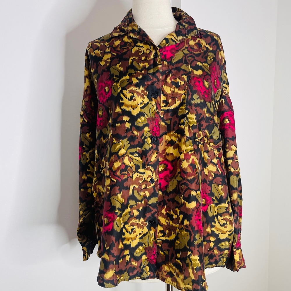At Last Studio Vintage 100% Silk Abstract Floral Button Down Blouse Large 1992